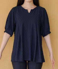 Tiaclasse L ダイヤ柄ふくれカットソーフレアトップス