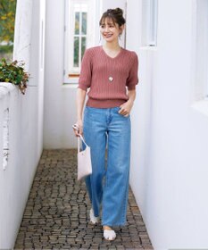 Tiaclasse L 【洗える】パフスリーブ透かし編みニットトップス