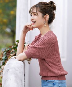 Tiaclasse L 【洗える】パフスリーブ透かし編みニットトップス