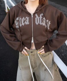 WEGO 【裏起毛】ラインストーン裏起毛ショートジップパーカー