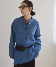 WEGO 【ANGIE VINTAGE】襟が選べる デニム チュニック シャツ （バンドカラー/レギュラーカラー）