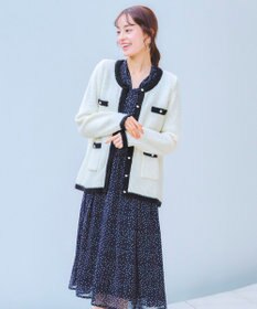 Tiaclasse 【洗える】ミドル丈配色ノーカラーニットジャケット