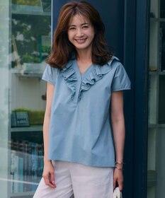 23区 L 【一部店舗限定/洗える】ハイカウントウェザーストレッチ フリル ブラウス