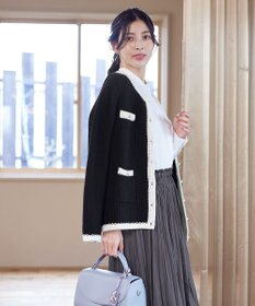Tiaclasse 【洗える】ミドル丈配色ノーカラーニットジャケット