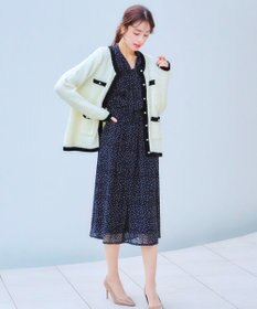 Tiaclasse 【洗える】ミドル丈配色ノーカラーニットジャケット