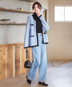 Tiaclasse 【洗える】ミドル丈配色ノーカラーニットジャケット