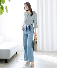 Tiaclasse 【洗える】リボン付きタックフレア袖ブラウス