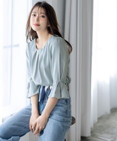 Tiaclasse 【洗える】リボン付きタックフレア袖ブラウス
