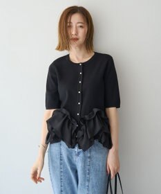 YECCA VECCA パール釦ラッフル5分袖カーディガン
