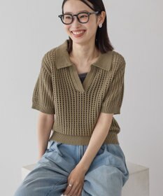 AMERICAN HOLIC 衿付きメッシュ編み半袖ニットプルオーバー