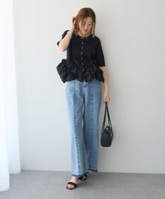 YECCA VECCA パール釦ラッフル5分袖カーディガン