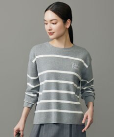 自由区 コットンウールハイゲージボーダー ニット グレー×オフ