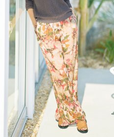 自由区 【ウエストゴム】ボタニカルプリントドロスト パンツ ライトベージュ系