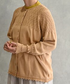 muuc 〈コットン100%強撚糸〉〈通気性が高いドライタッチな素材〉肩周り透かし編み・袖口レース編み コットンカーディガン