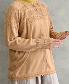 muuc 〈コットン100%強撚糸〉〈通気性が高いドライタッチな素材〉肩周り透かし編み・袖口レース編み コットンカーディガン