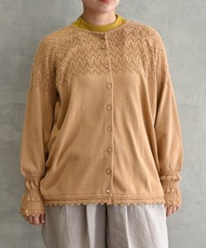 muuc 〈コットン100%強撚糸〉〈通気性が高いドライタッチな素材〉肩周り透かし編み・袖口レース編み コットンカーディガン