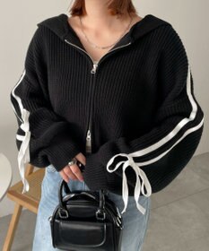 WEGO ラインリボンダブルジップニットパーカー