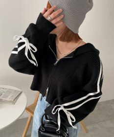 WEGO ラインリボンダブルジップニットパーカー