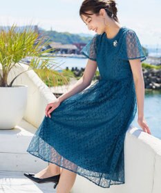 Tiaclasse L 【洗える】フレアスリーブ総レースワンピース