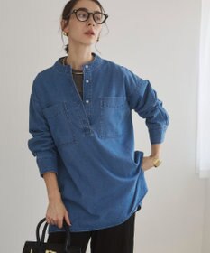 WEGO 【ANGIE VINTAGE】襟が選べる デニム チュニック シャツ （バンドカラー/レギュラーカラー）