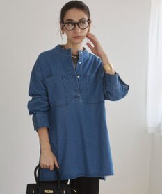 WEGO 【ANGIE VINTAGE】襟が選べる デニム チュニック シャツ （バンドカラー/レギュラーカラー）