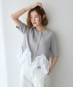 YECCA VECCA パール釦ラッフル5分袖カーディガン