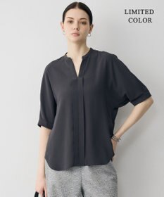 ICB 【新色追加・WEB限定カラーあり】BackSatinAmunzen 5分袖キーネックブラウス チャコール［WEB限定］