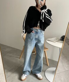 WEGO ラインリボンダブルジップニットパーカー