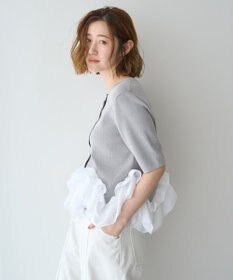 YECCA VECCA パール釦ラッフル5分袖カーディガン