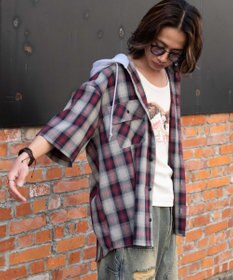 WEGO 【ユニセックス着用ITEM/MLサイズ展開】オンブレチェックフードシャツ（SS）