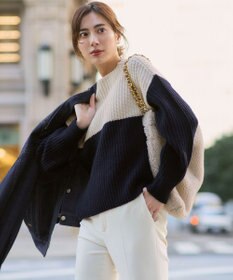 23区 S 【洗える】ウールカシミヤ カラーブロック バルキー ニット ライトベージュ×ネイビー