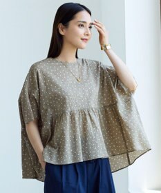 自由区 L 【17号サイズまで展開・WEB&一部店舗限定・サラリ触感】コットンサッカープリント ブラウス ベージュ×オフ