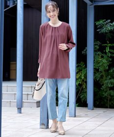 Tiaclasse L 【洗える】フロントタックバックギャザーフレアチュニックブラウス