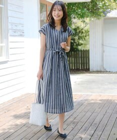 Tiaclasse 【洗える】麻調前開きフレンチワンピース