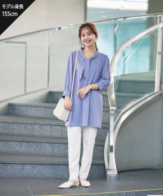 Tiaclasse L 【洗える】配色ボウタイパフ袖チュニックブラウス