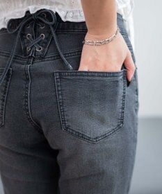 WEGO レースアップフリンジストレッチフレアデニムパンツ