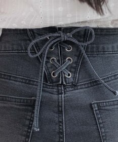 WEGO レースアップフリンジストレッチフレアデニムパンツ