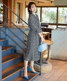 Tiaclasse L 【洗える】程良い透け感のプリントボウタイワンピース