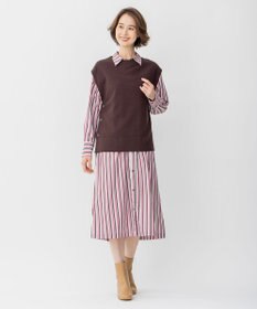 自由区 L 【洗える/セットアイテム】ウールブレンドベスト×ストライプワンピ