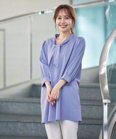 Tiaclasse L 【洗える】配色ボウタイパフ袖チュニックブラウス