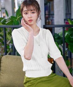 Tiaclasse L 【洗える】パフスリーブ透かし編みニットトップス