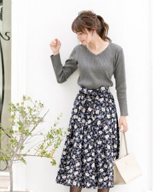 Tiaclasse 【洗える】異素材を組み合わせた花柄リブニットコンビワンピース