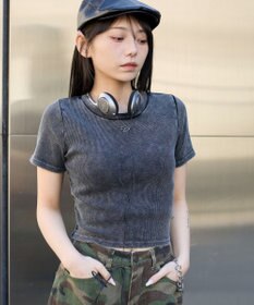 WEGO ヴィンテージウォッシュワンポイントリブT