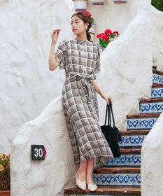 Tiaclasse 【新色追加・洗える】チェック柄フレア袖シアーワンピース