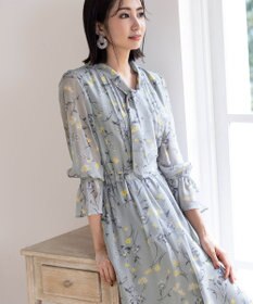 Tiaclasse 【洗える】程良い透け感のプリントボウタイワンピース