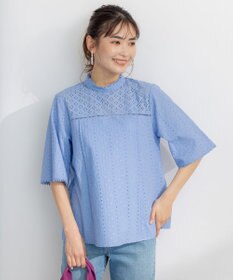 組曲 【WEB限定色あり】エンブロイダリーレース　ハイネック半袖ブラウス
