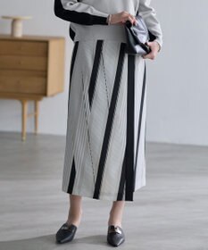 ICB ランダムストライププリント ストレートスカート トープ×オフホワイト×ブラック