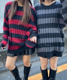 WEGO ボーダーワイドリブダメージニット