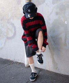 WEGO ボーダーワイドリブダメージニット