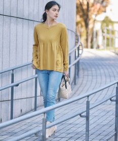 Tiaclasse L 【洗える】リブ切り替えフレアニットトップス